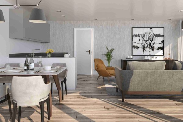 Interior rendering of a fully furnished apartment at X1 Manchester Waters, featuring a marble dining table, a grey sofa, and natural light flooding in through large glass doors that lead to a private balcony.